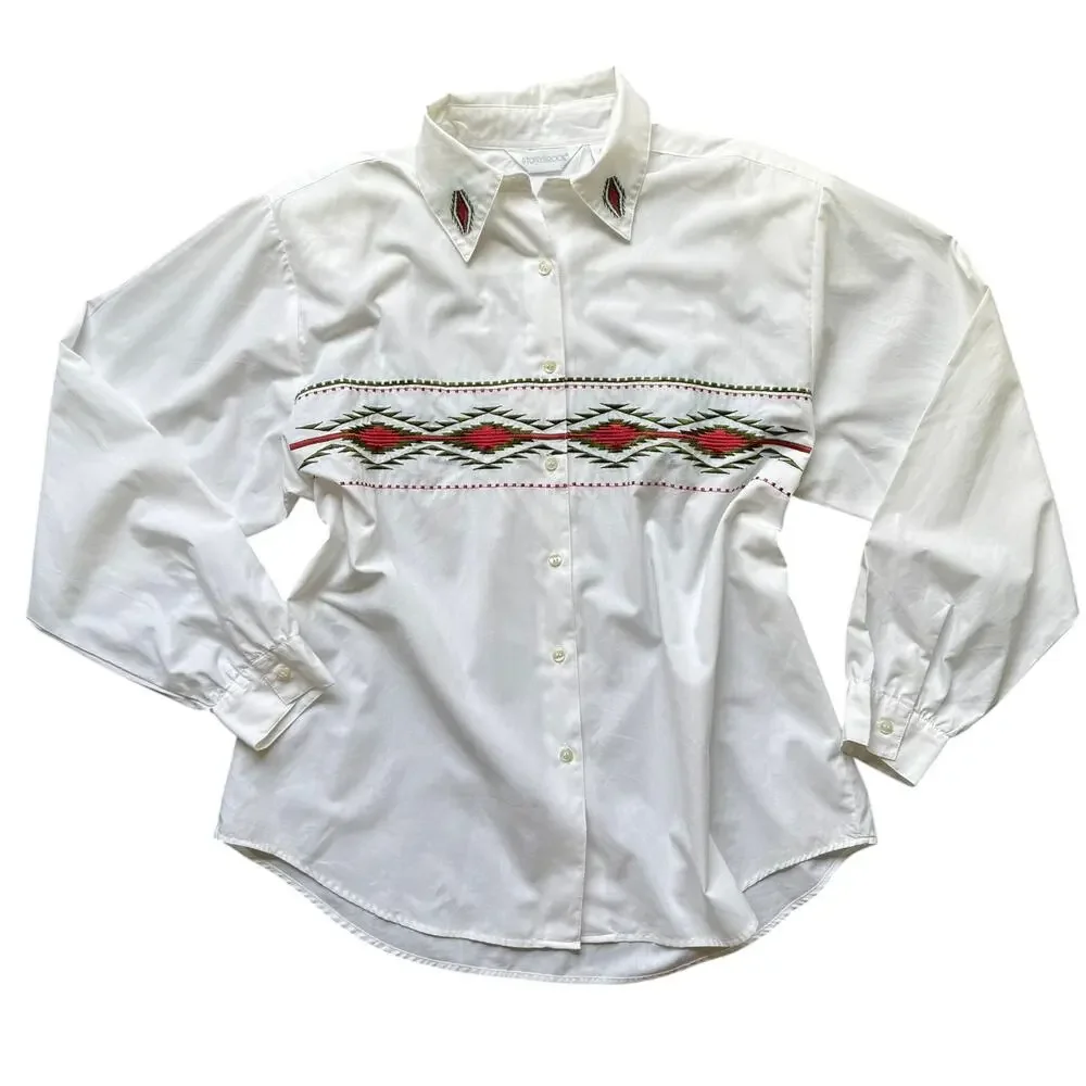 Stonybrook White Western Shirt Embroidered Aztec Design Women 18